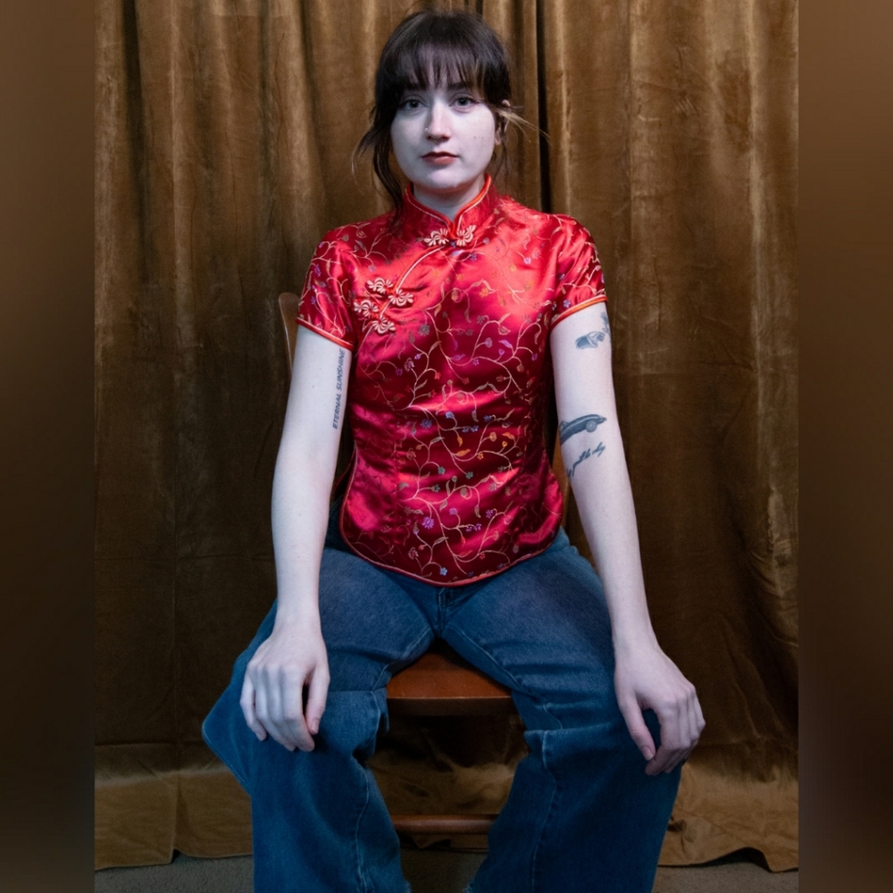 Oriental Red Floral Mandarin Collared Silk Top